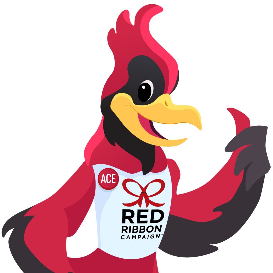 Here's an alt tag for the image: Red Ribbon Campaign bird mascot.