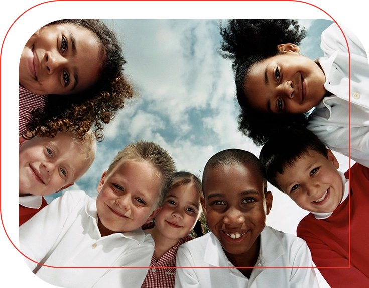 Happy diverse children smiling together.